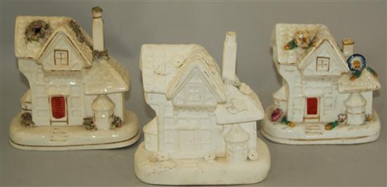 Three Staffordshire porcelain cottage pastille burners, c.1840, 12 - 14cm